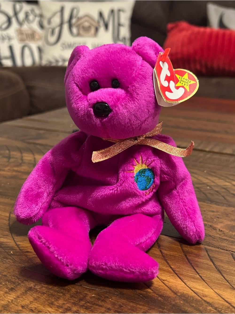 Ty Beanie Baby Bear ‘Millenium’ with Embroidered Earth & Gold Ribbon